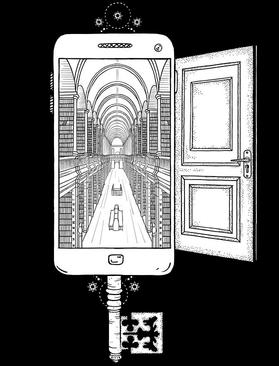 Bibliotek inde i en smartphone som ligner en nøgle