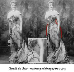 En kvinde i smuk balkjole fra 1900. En rød streg viser at hendes talje og hofter er retoucheret mindre.