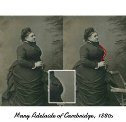 Ældre Kvinde fra 1880 i sort kjole set fra siden. En rød streg viser at hendes buste er retoucheret mindre.