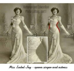 Viktoriansk kvinde i smuk balkjole med diadem. En rød streg viser at hendes talje er retoucheret mindre.